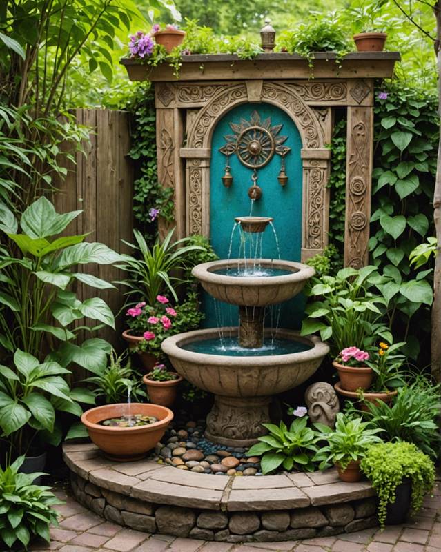 Bohemian Sanctuary with Tranquil Fountain and Meditation Space