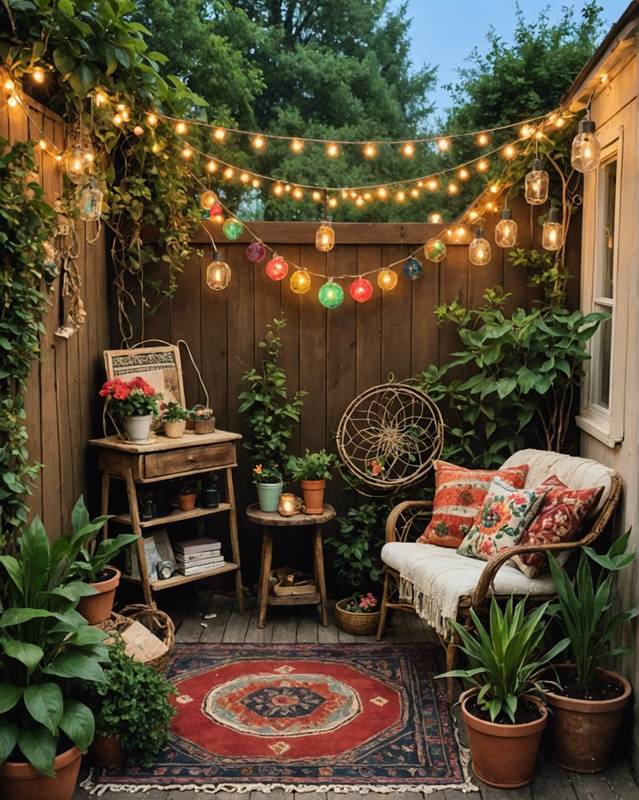 Cozy Garden with String Lights and Vintage Finds