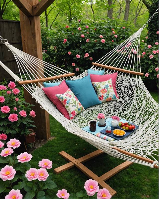 Cozy hammock surrounded by blooming flowers