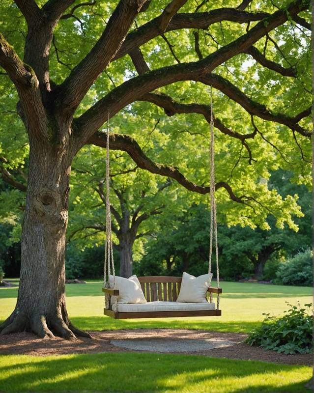 Cozy nook with a swing beneath a mature oak tree