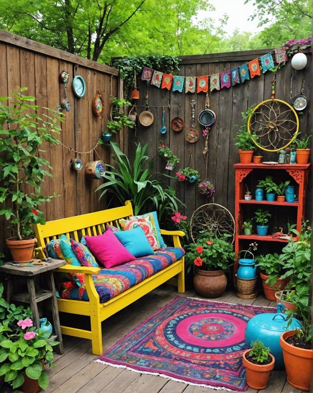 Eclectic Hippie Garden with Upcycled Furniture and Colorful Decor