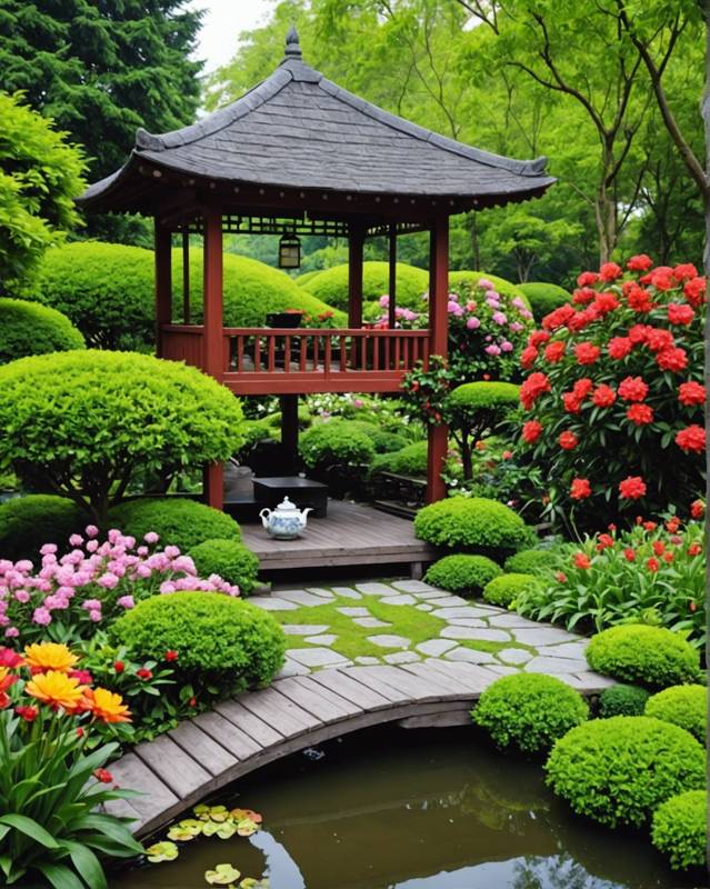 Intimate tea house nestled amidst a vibrant flower garden