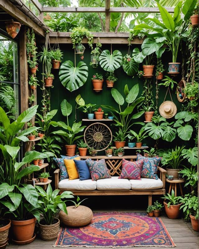 Lush Tropical Garden with Exotic Plants and Boho-Chic Accents