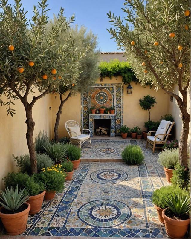 Mediterranean Garden with Olive Trees and Mosaic Tiles