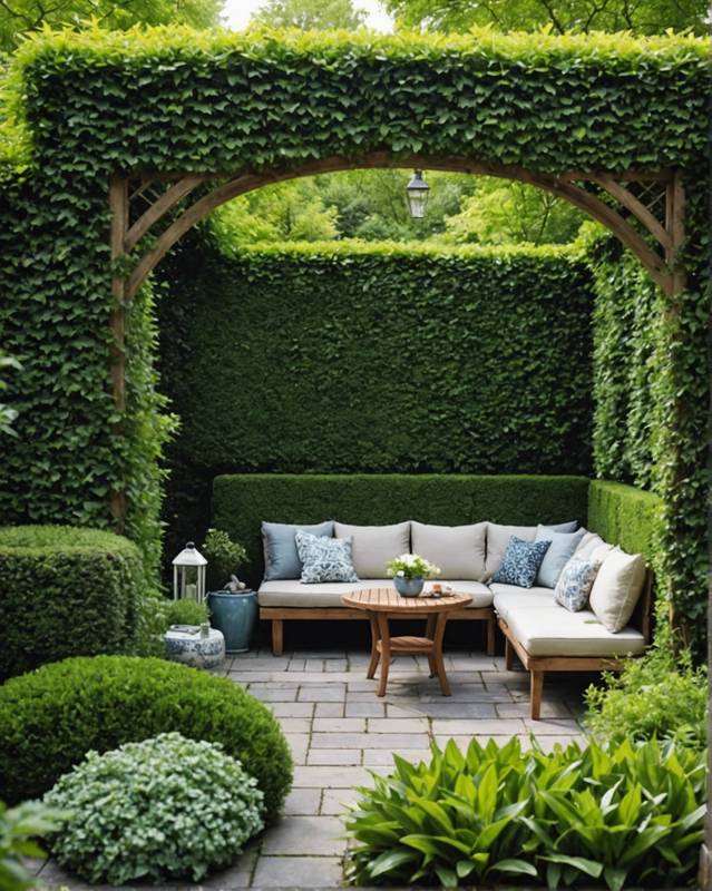 Private seating area hidden within a dense hedge