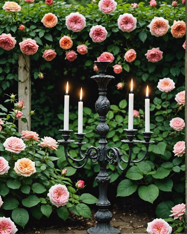Romantic Garden with Candelabra and Rose Bushes