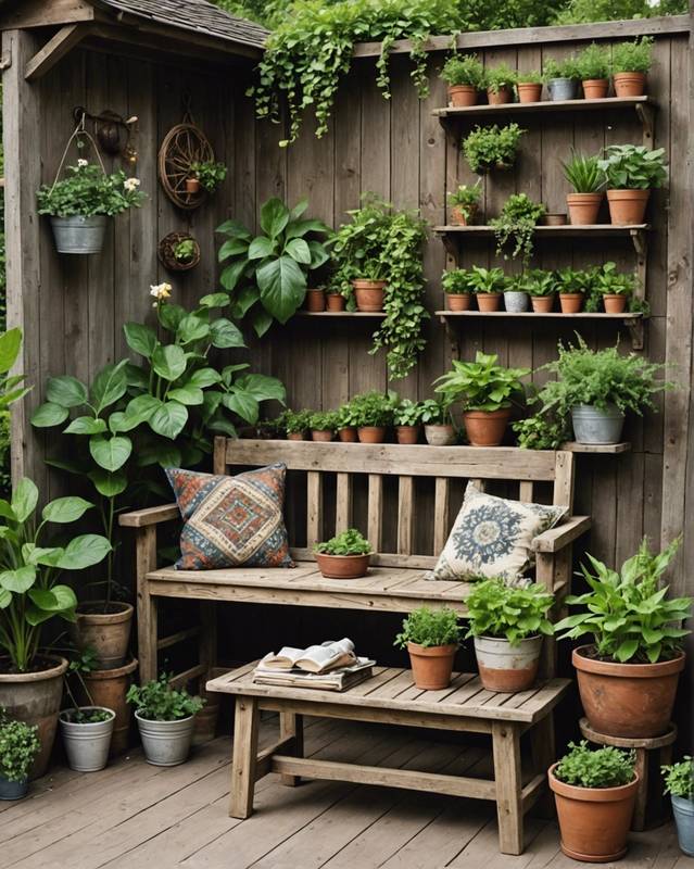 Rustic Garden with Wooden Bench and Vintage Planters