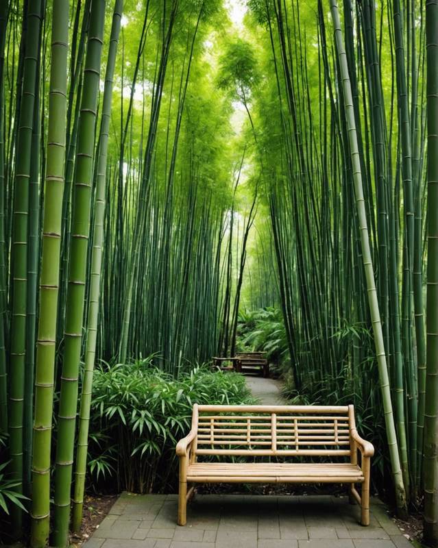 Secluded bench hidden among towering bamboo