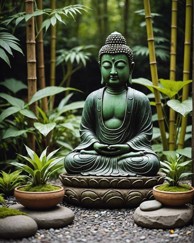 Serene Zen Garden with Buddha Statues and Bamboo Elements