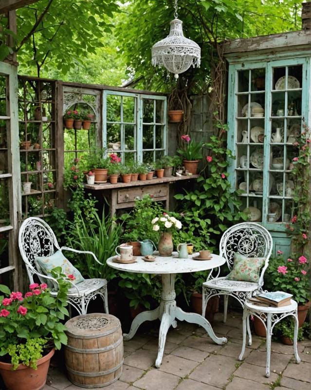 Shabby Chic Garden with Distressed Furniture and Antique Decor