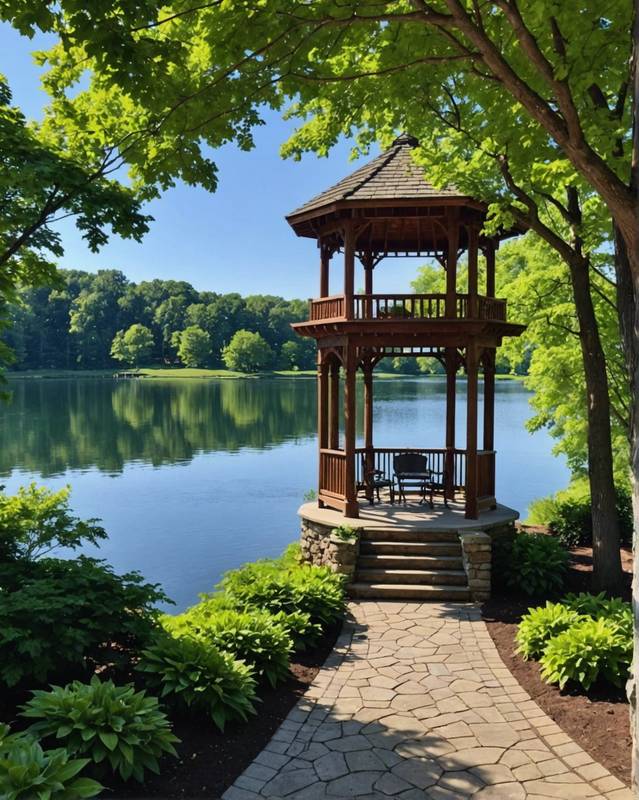 Shaded gazebo with a view of a sparkling lake