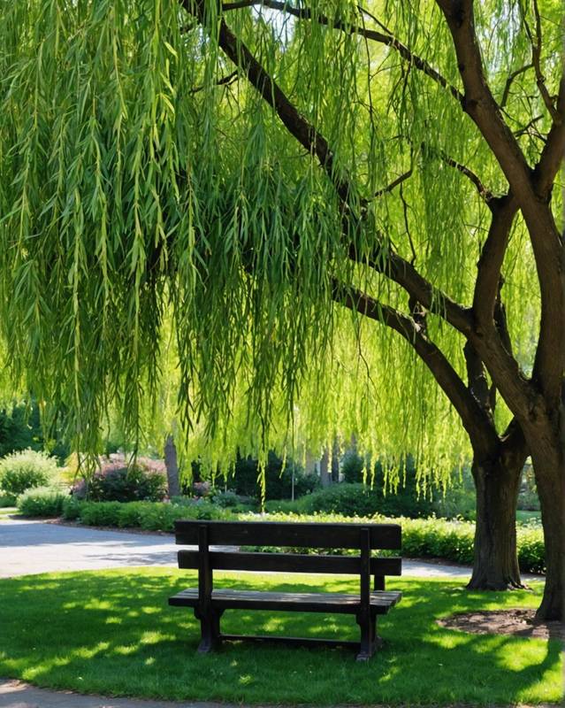 Sun-dappled bench under a weeping willow tree