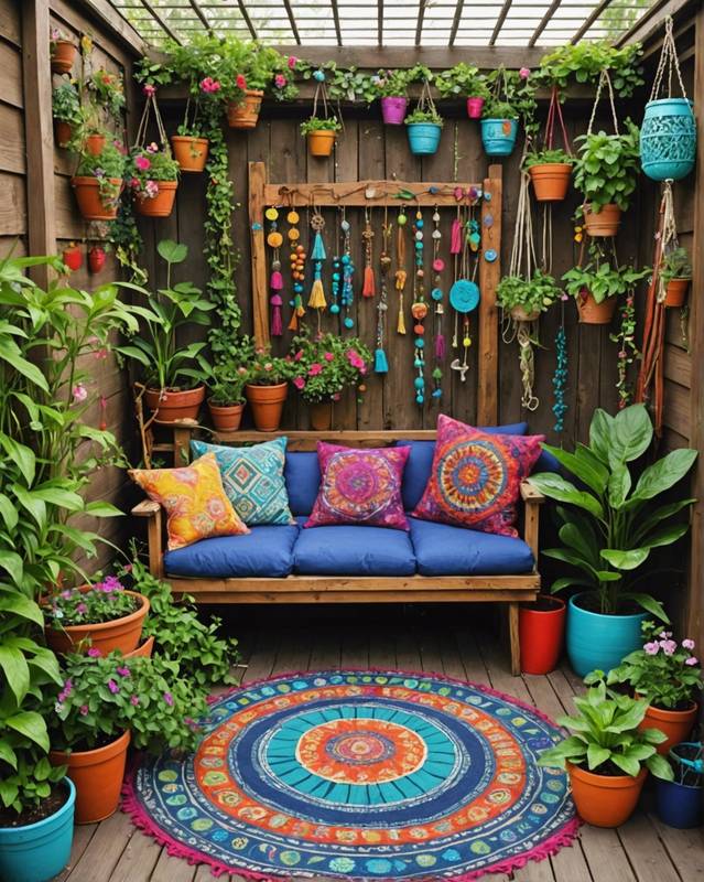 Vibrant Garden with Bold Patterns and Handmade Crafts