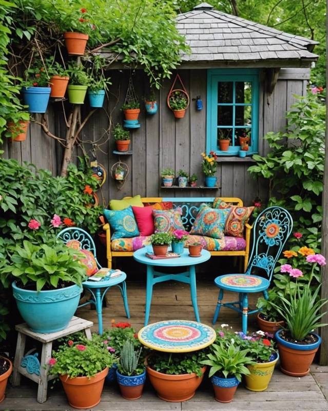 Whimsical Garden with Mismatched Seating and Painted Pots