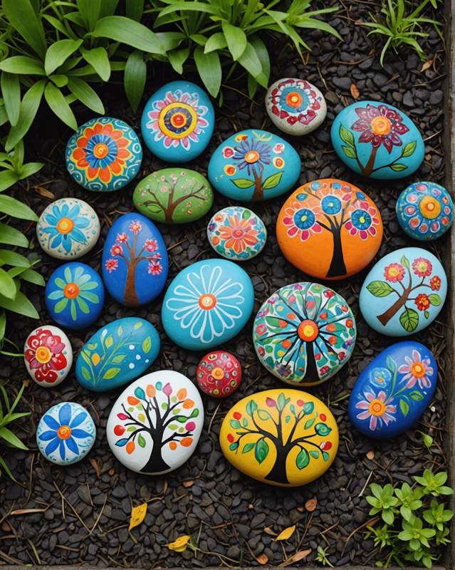 Whimsical Garden with Painted Stones and Quirky Ornaments