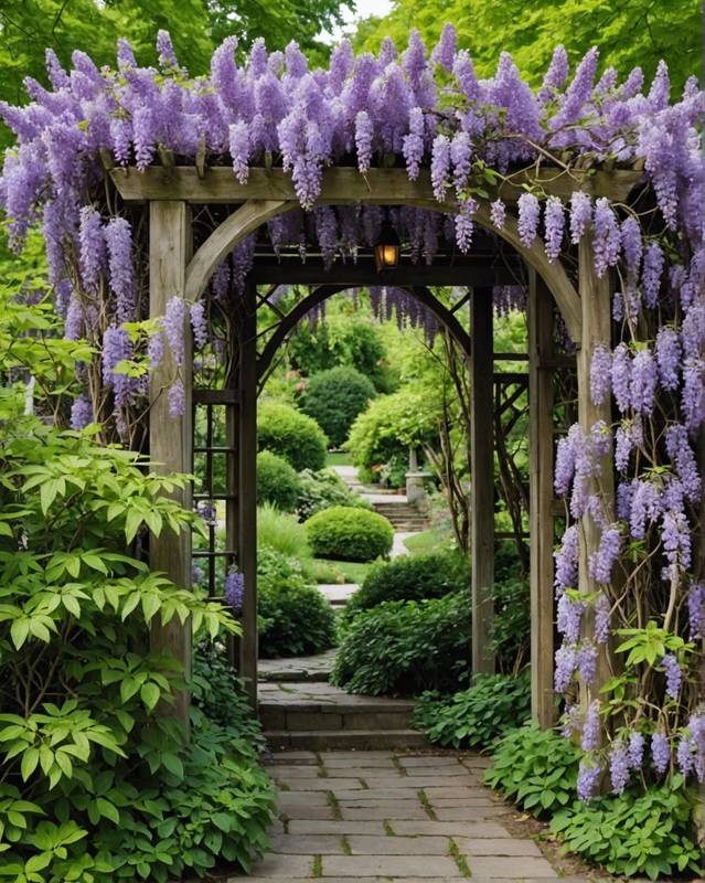 Wisteria-covered arbor leading to a secret path