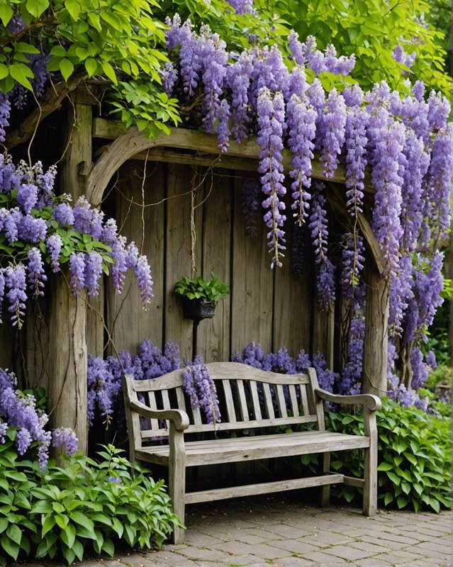 Wisteria-covered bench surrounded by a vibrant array of flowers