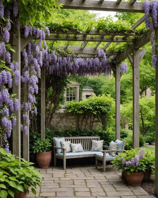 Wisteria-draped pergola leading to a secluded seating area