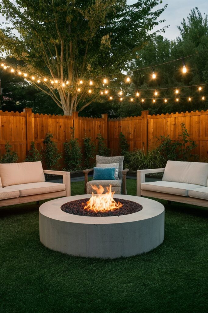 Fire Pit with Artificial Grass Surround and String Lights