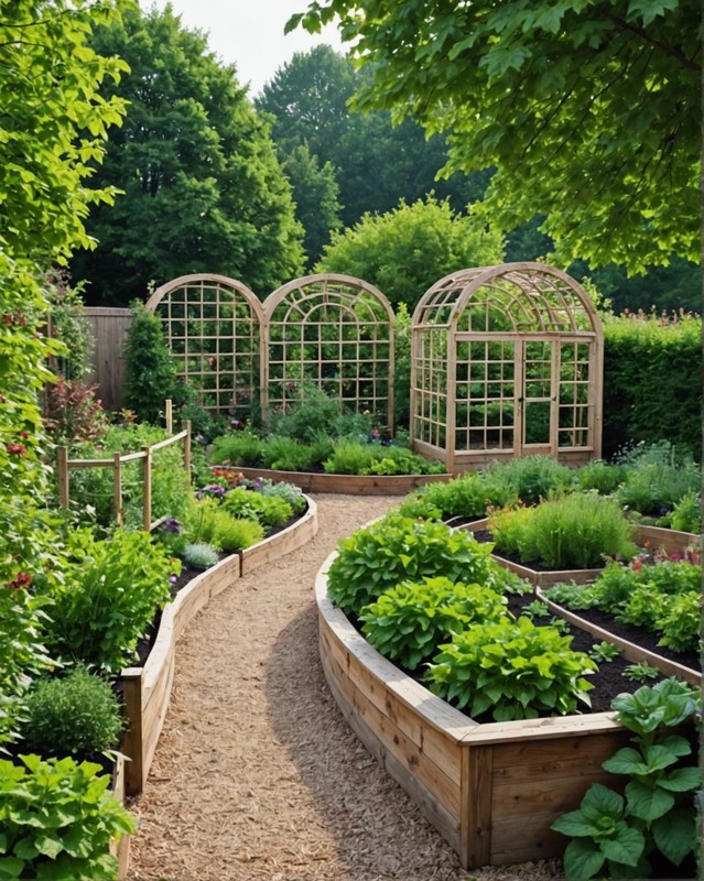 Enclosed Vegetable Garden with a Curved Trellis and Raised Beds