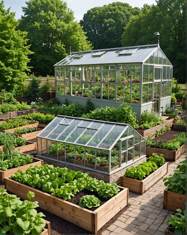 Enclosed Vegetable Garden with a Greenhouse Extension and Raised Beds