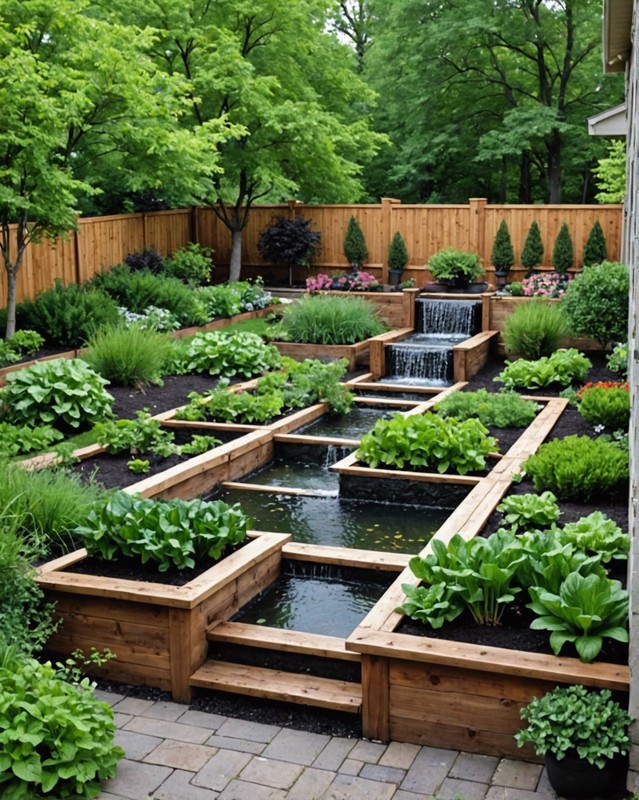 Enclosed Vegetable Garden with Raised Beds and a Water Feature