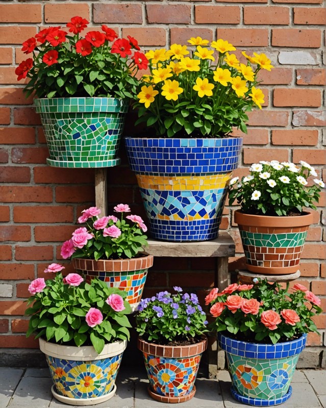Flower Pots in a Mosaic-Covered Planter