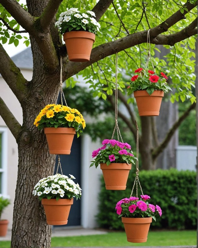 Flower Pots Suspended from a Tree Branch