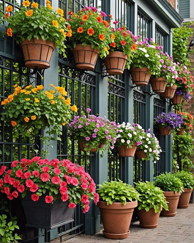 Hanging Flower Baskets on a Trellis