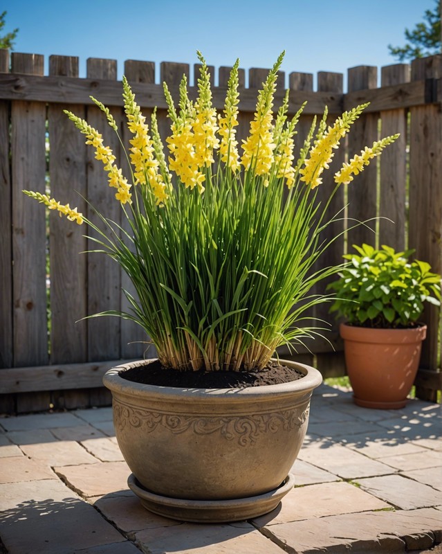 Lemongrass and flowers in a patio pot