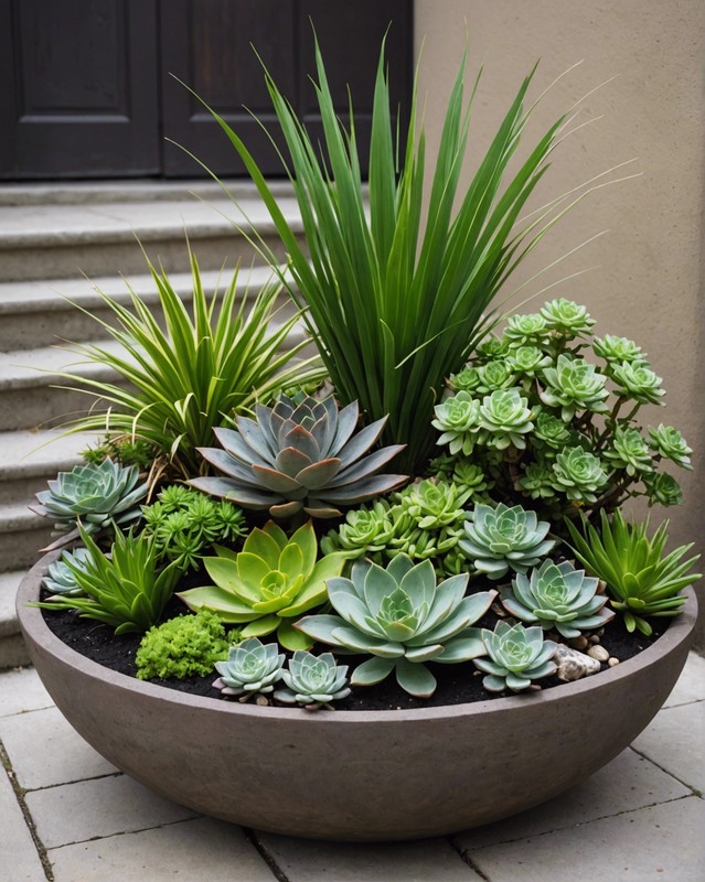 Lemongrass and succulents in a planter