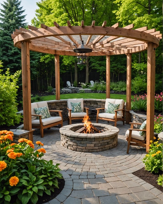 Raised Fire Pit with Pavers and Pergola