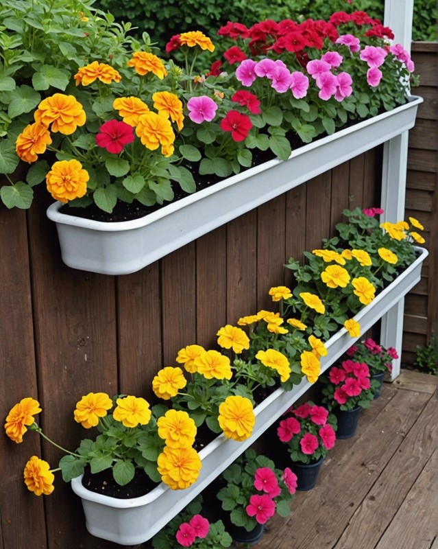 Repurposed Rain Gutter Garden with Geraniums, Petunias, and Marigolds