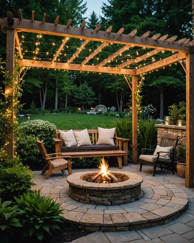 Stone Fire Pit with Pergola and String Lights