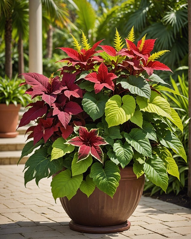 Tropical Oasis: Pair Coleus with Palm Fronds and Hibiscus
