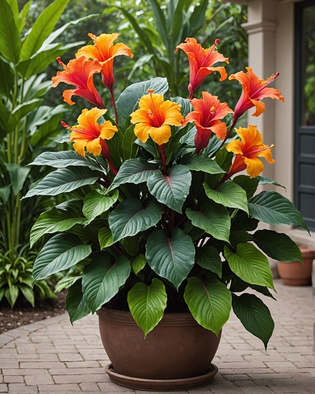 Tropical Oasis with Cannas, Hibiscus, and Palms