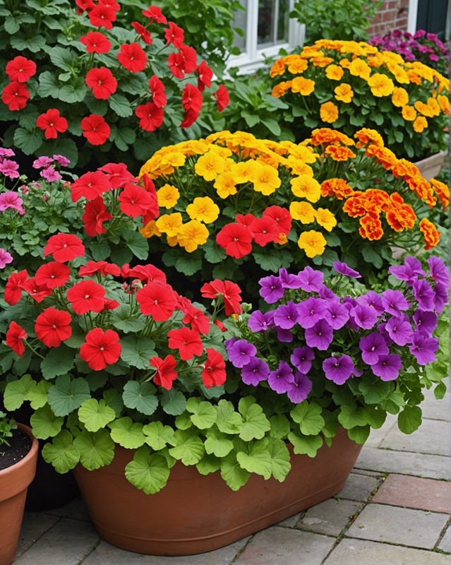 Vibrant Tapestry with Geraniums, Petunias, and Marigolds