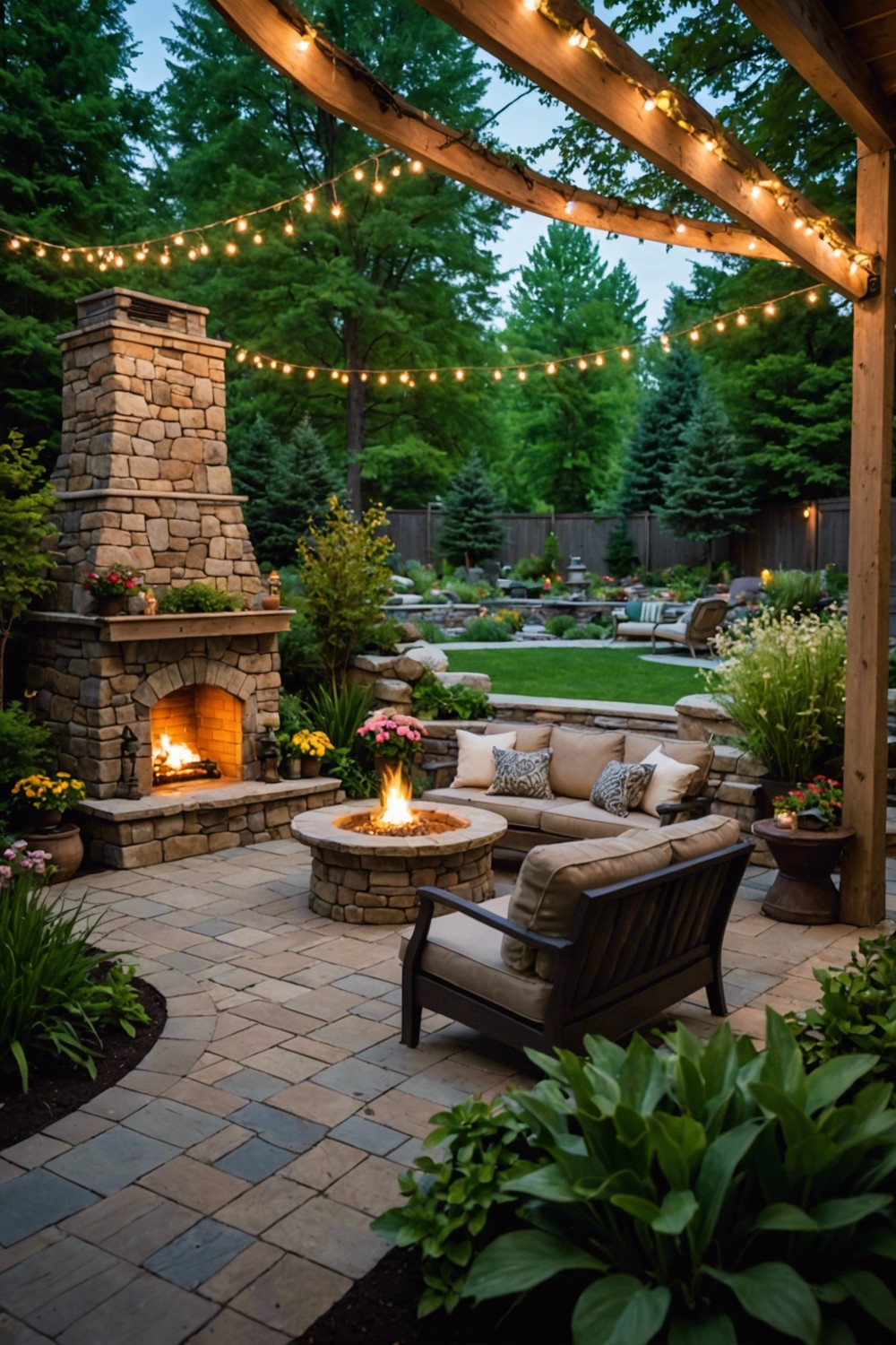 Backyard Oasis with Outdoor Fireplace and Water Feature