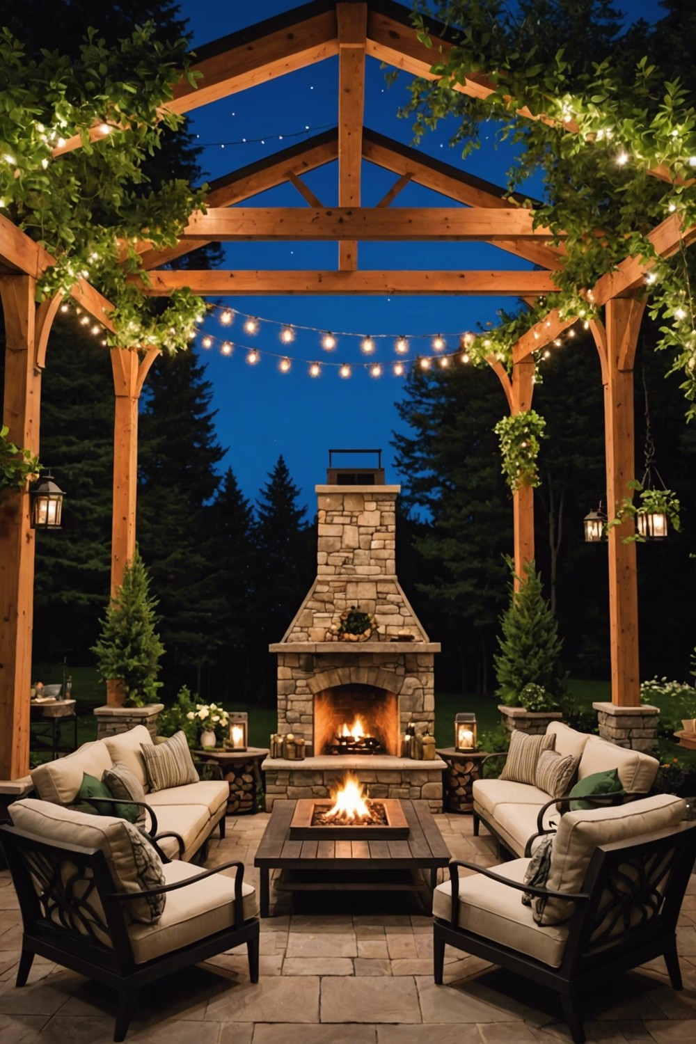 Backyard Pavilion with Outdoor Fireplace and Dining