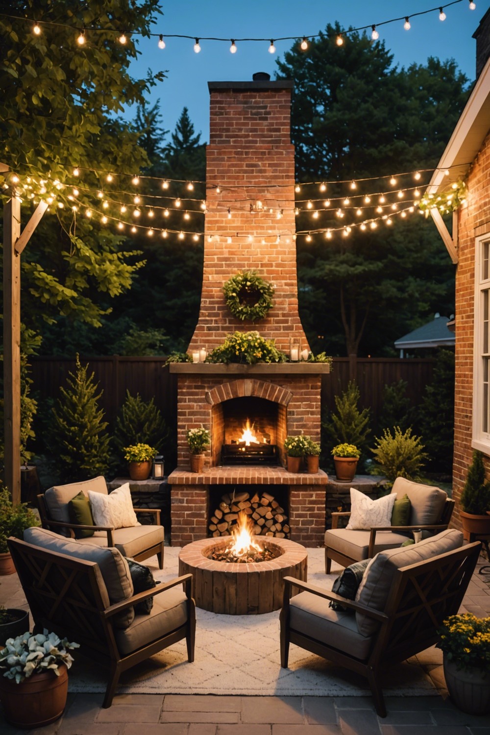 Classic Brick Fireplace with Outdoor Seating