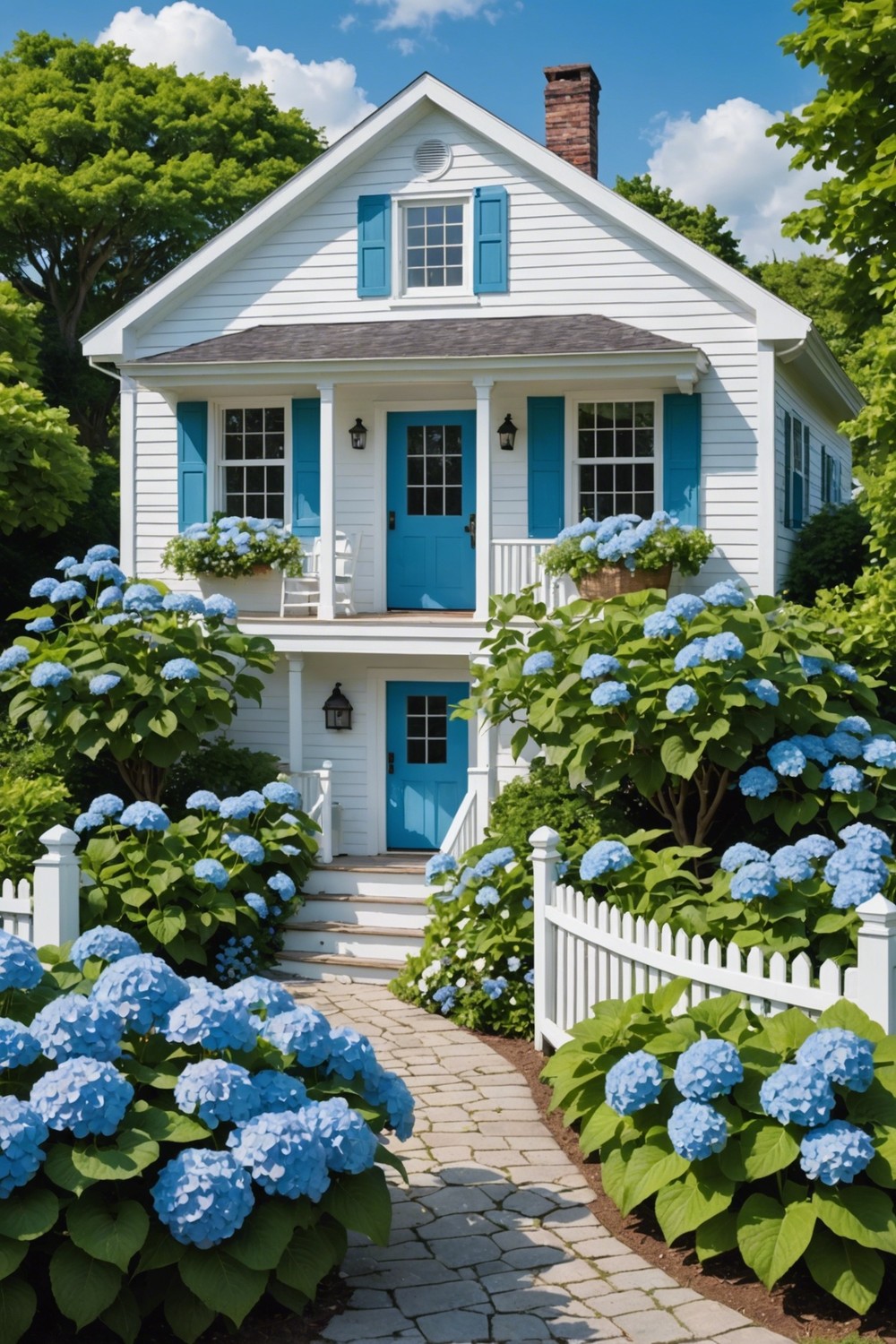 Coastal Cottage with Blue Hydrangeas and Variegated Hostas