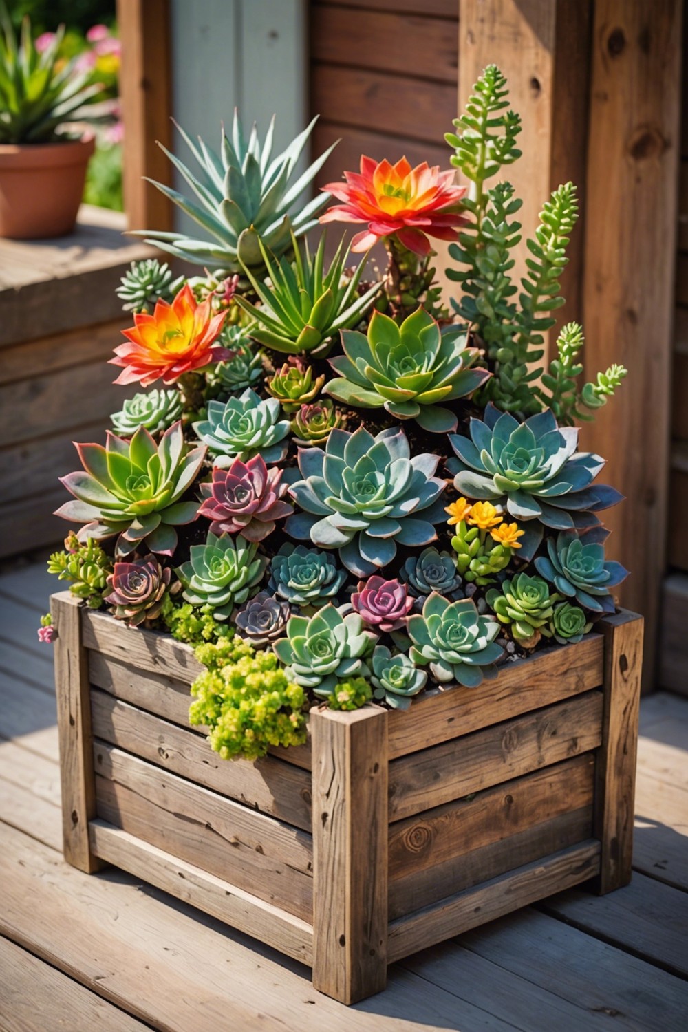 Colorful Mix in a Rustic Wooden Planter