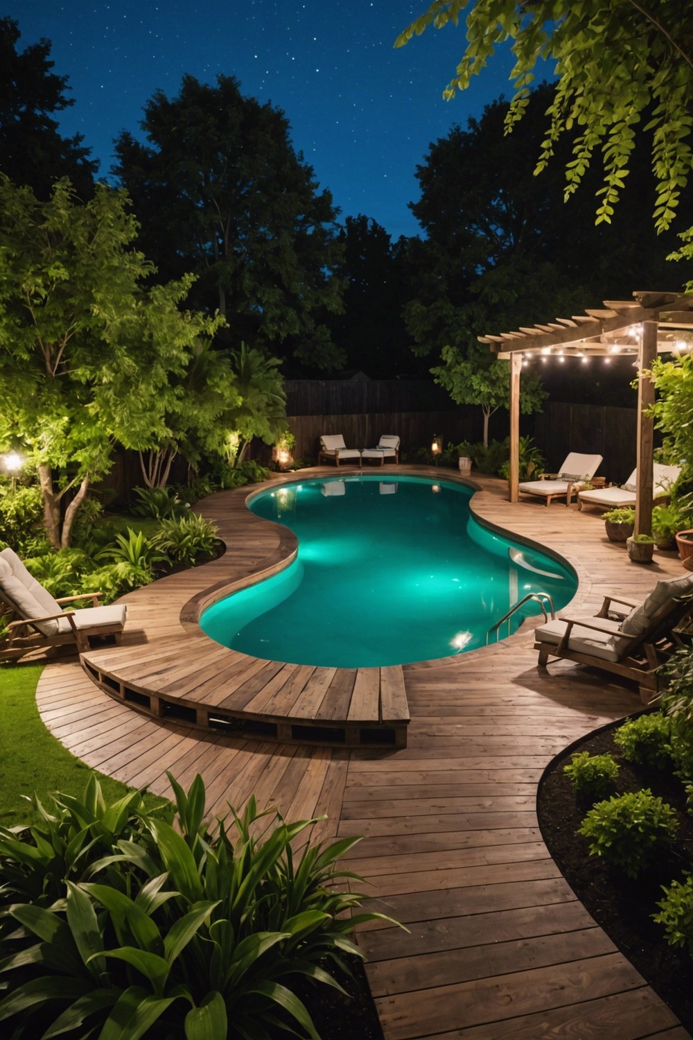 Curved Pallet Pool Decks with LED Lighting