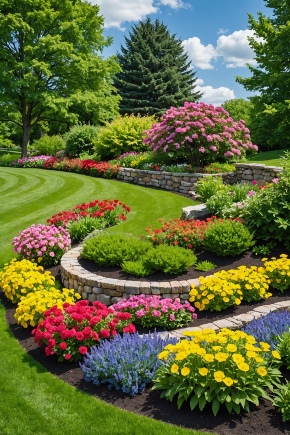 Curved Retaining Wall with Colorful Flower Arrangement