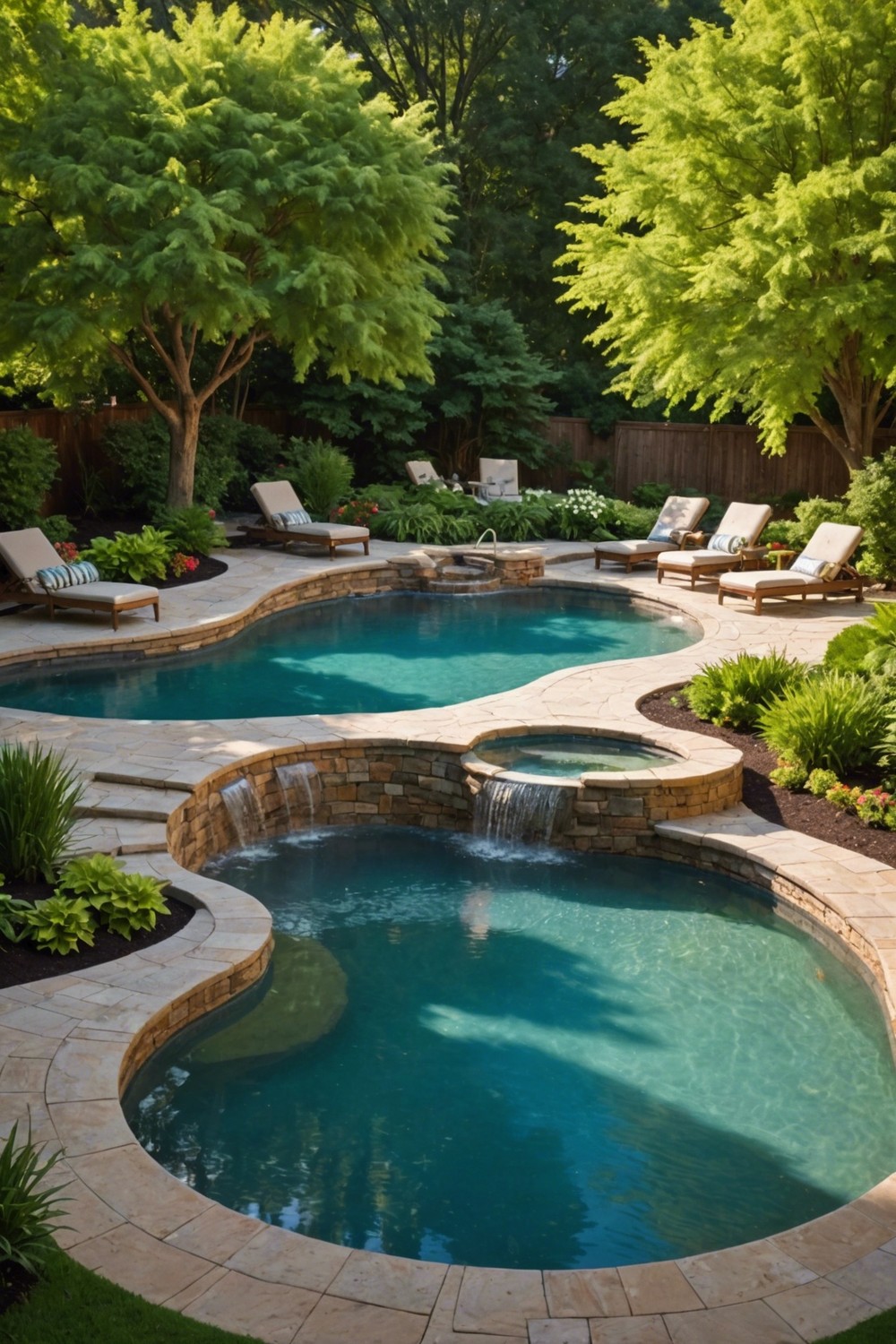 Curved Semi Inground Pool with Water Feature