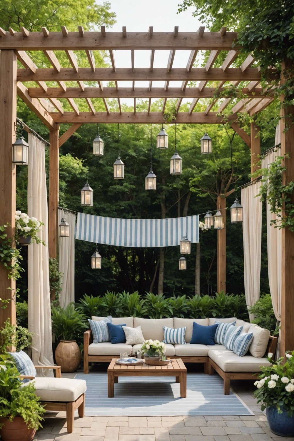 DIY Pergola with Shade Curtain and Outdoor Furniture