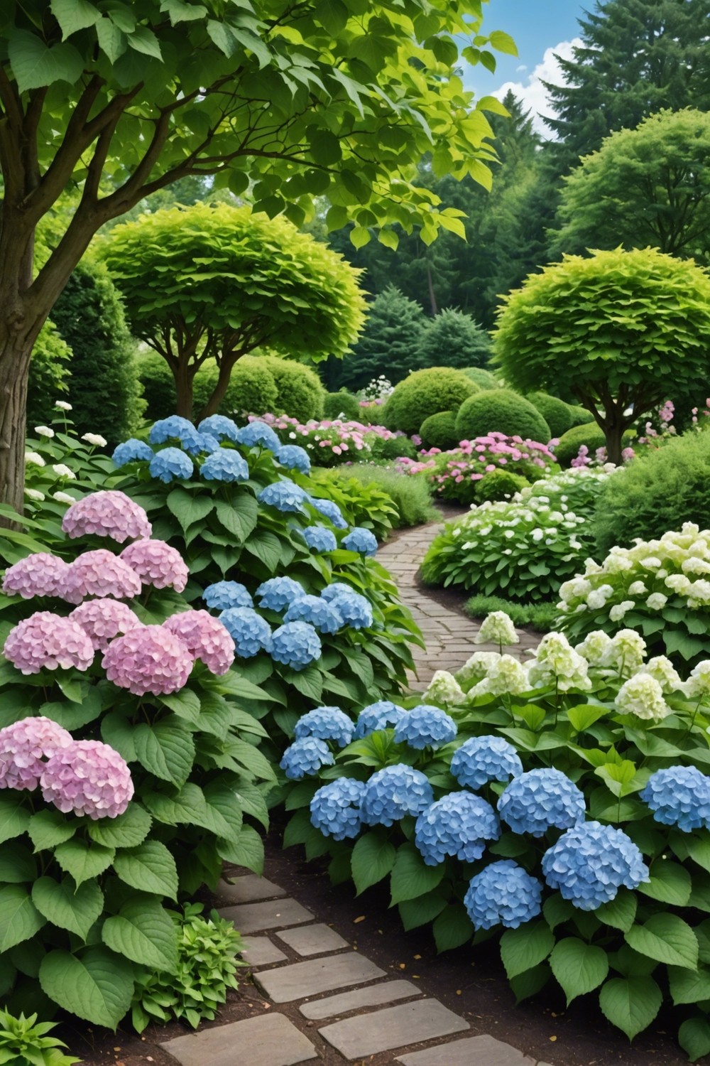 English Garden with Mophead Hydrangeas and Leafy Hostas