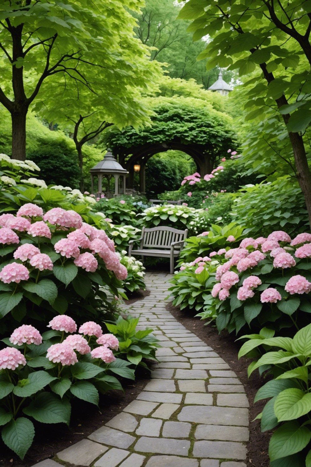 Fairytale Garden with Pink Hydrangeas and Ruffled Hostas