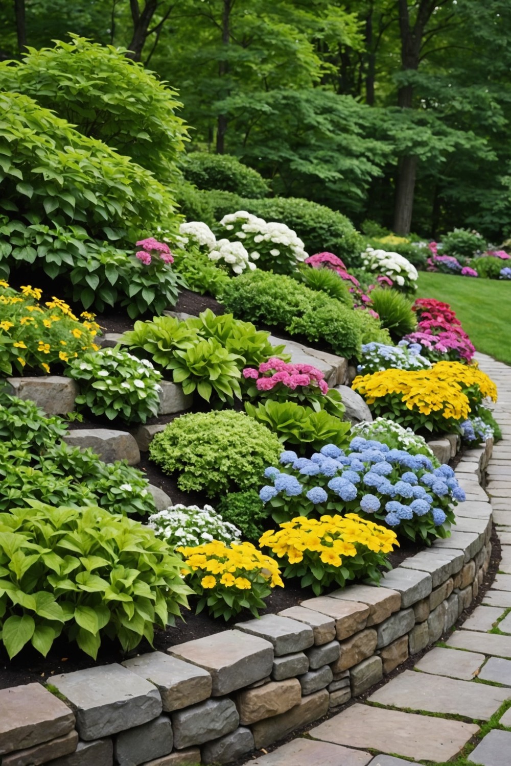Fieldstone Retaining Wall with Flower Beds