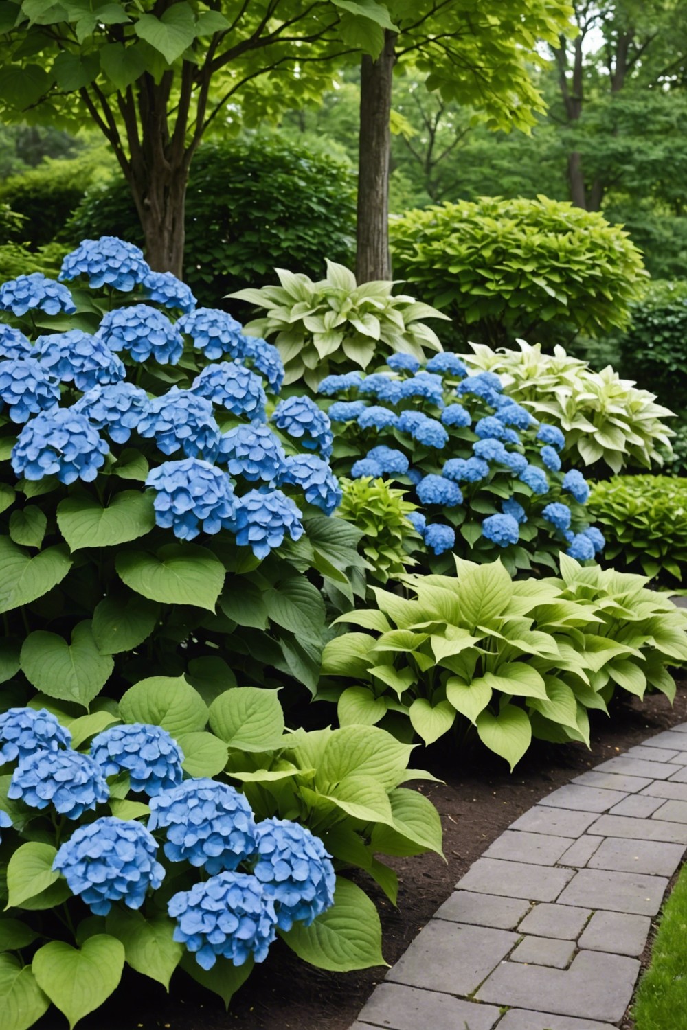 Fresh and Clean with Blue Hydrangeas and Solid-Colored Hostas